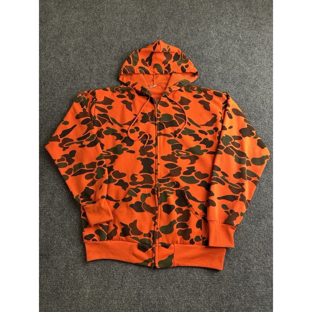 Mens Vintage 90s Bassett-Walker Neon Orange Camo Full Zip Hoodie, Size XL